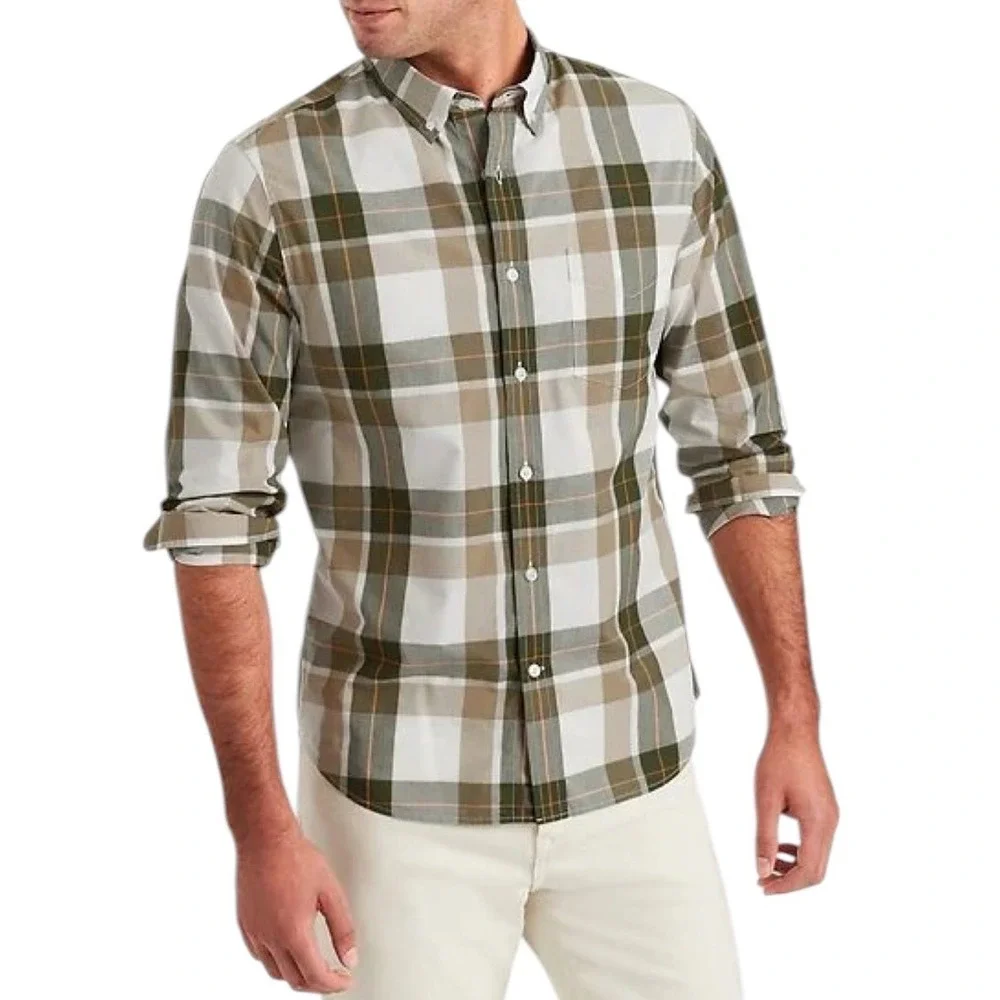 Banana Republic Mens Slim Fit Plaid Button Down‎ Shirt Olive Green M 100% Cotton